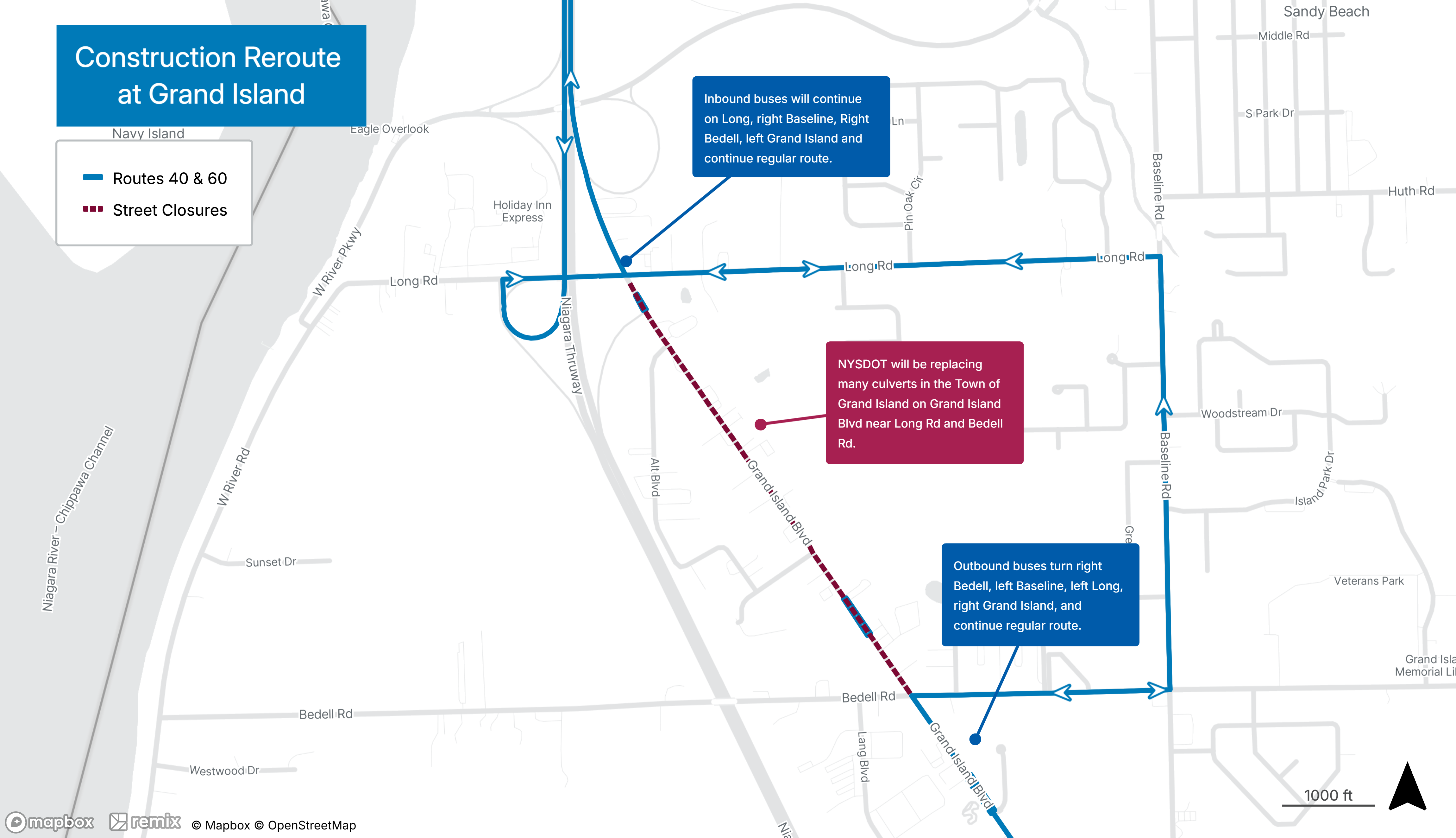 Routes 40 and 60 reroute on Grand Island Blvd between Long and Bedell