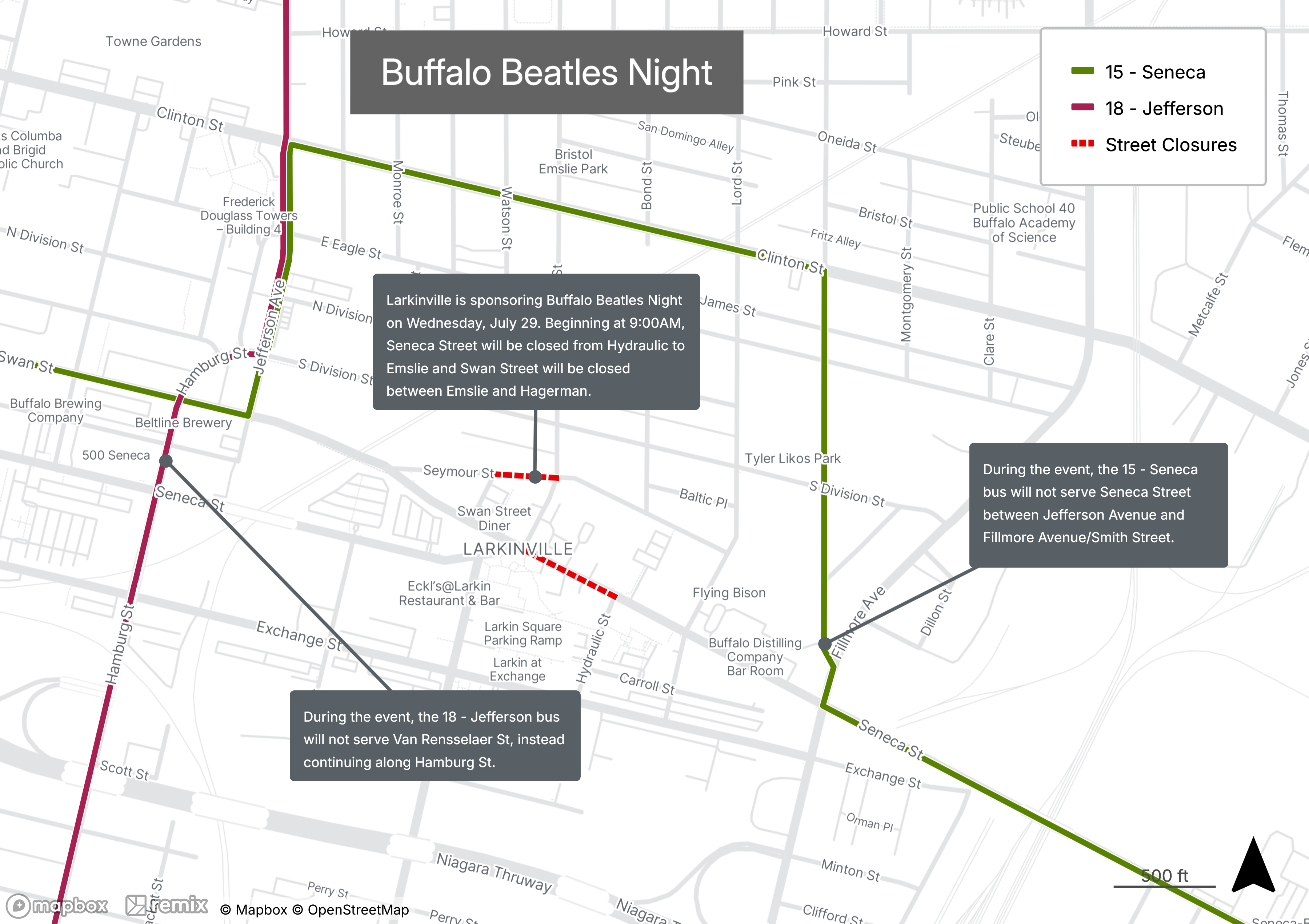 Buffalo Beatles Night Reroute Map